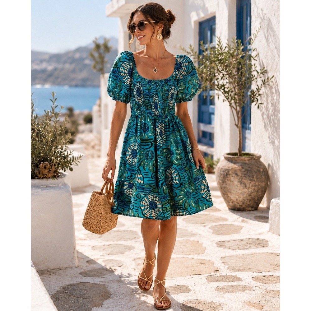 House of Harlow 1960 Mini Dress Womens Small Blue Green Floral Puff Sleeve Boho
